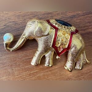 VTG Moghul Large Monet Gold Tone and Red Enamel Elephant Brooch